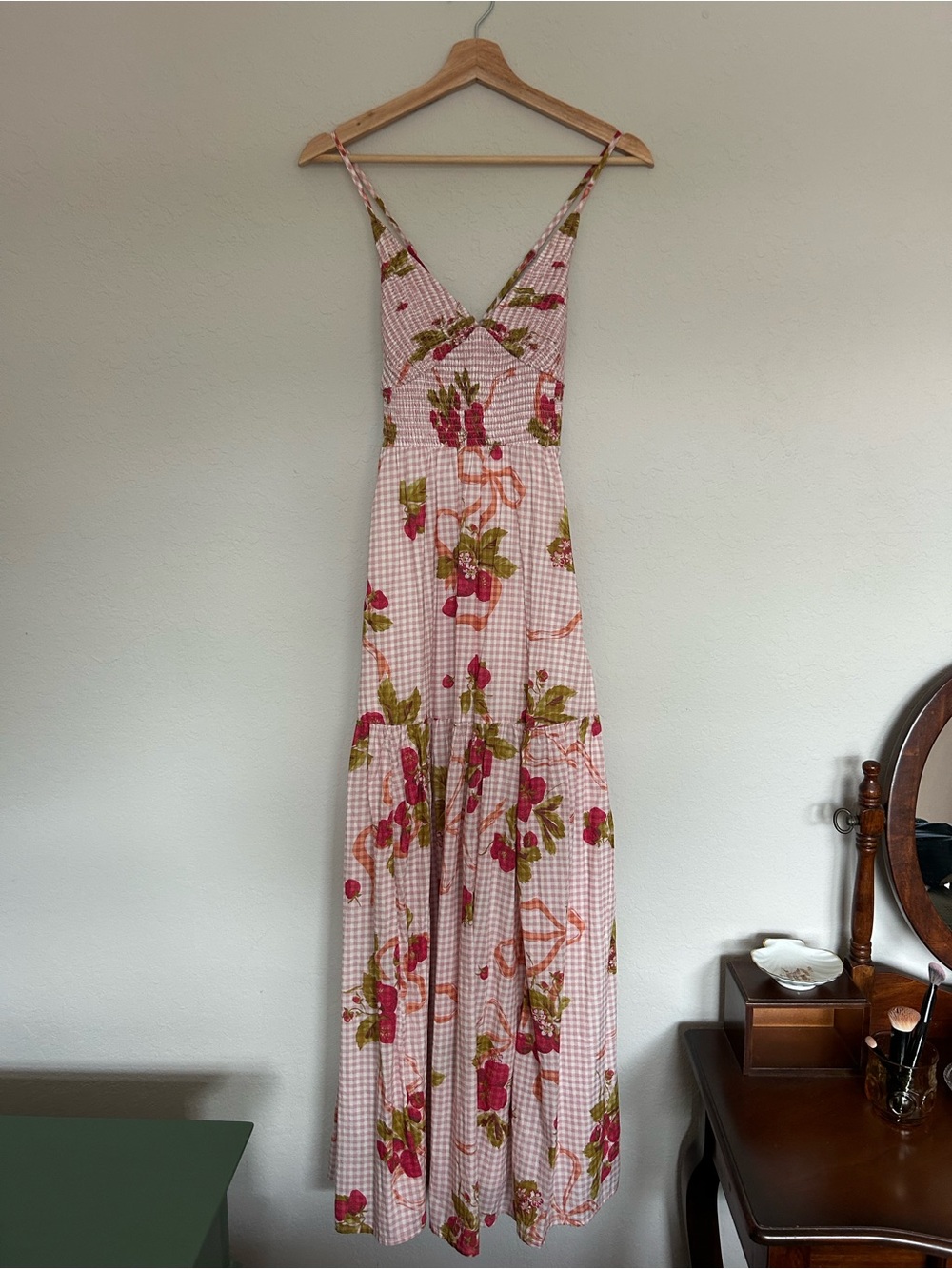 Kimchi Blue Floral Pink Gingham Maxi Dress with Spaghetti Straps
